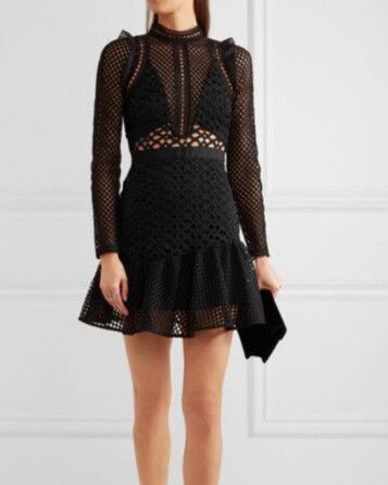 Self-Portrait Black Guipure Lace Ruffle Trim Detailed Long Sleeve Dress