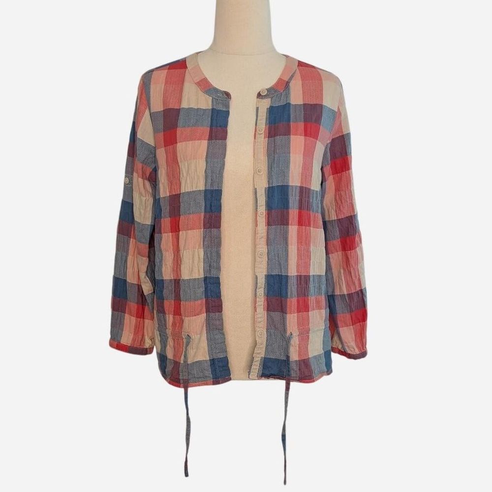 Country Road Plaid Seersucker Button Up Blouse Sz 12 Drawstring