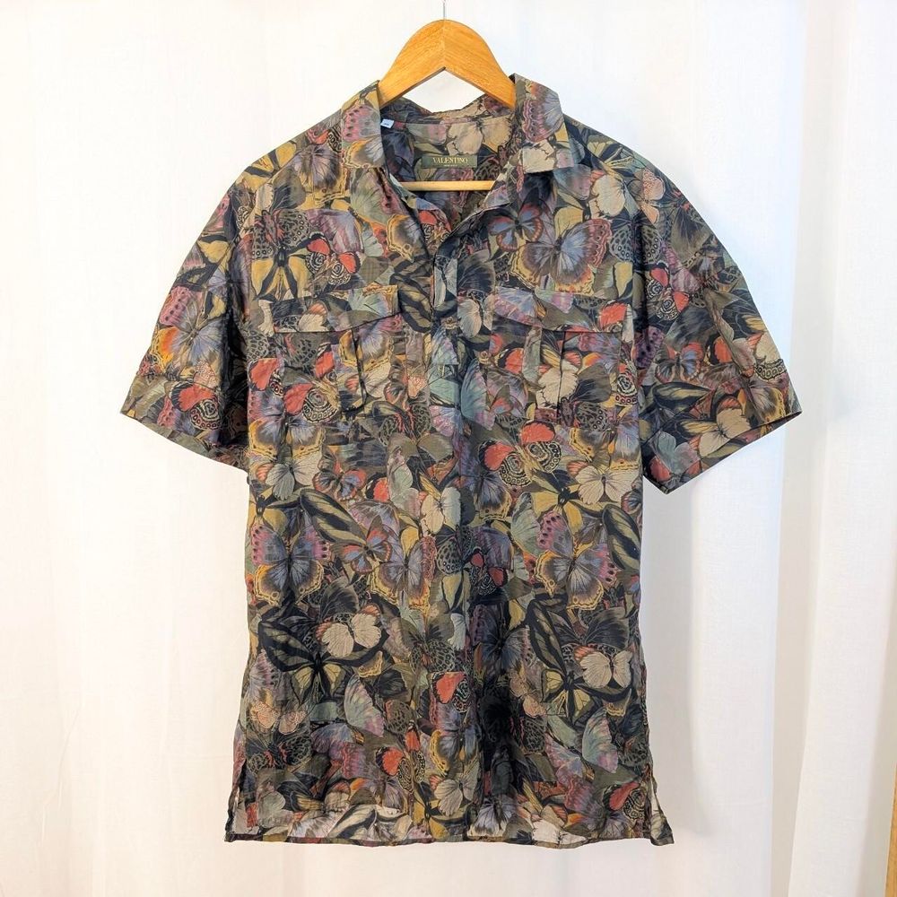 Valentino Camo Butterfly Quarter Button Shirt Sz 43/17 (XL)