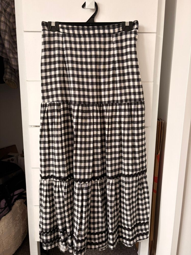 Black And White Gingham Tiered Midi Skirt