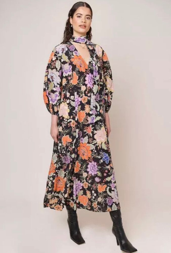 Rixo Designer Silk Jules maxi dress With Pussy Bow Neck Tie