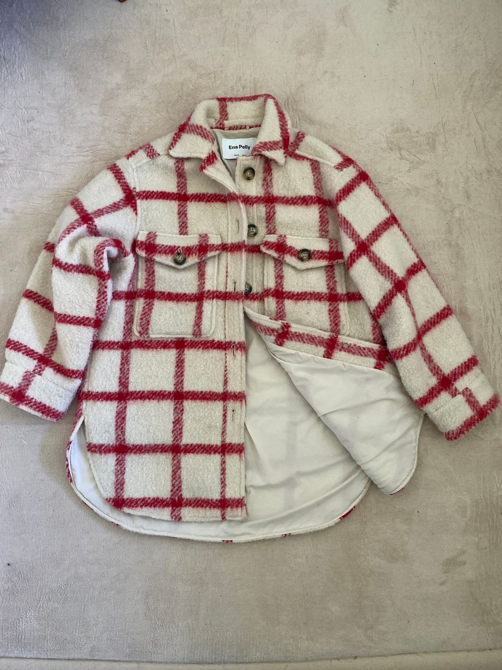 Ena Pelly Beige and Red Checked Jacket
