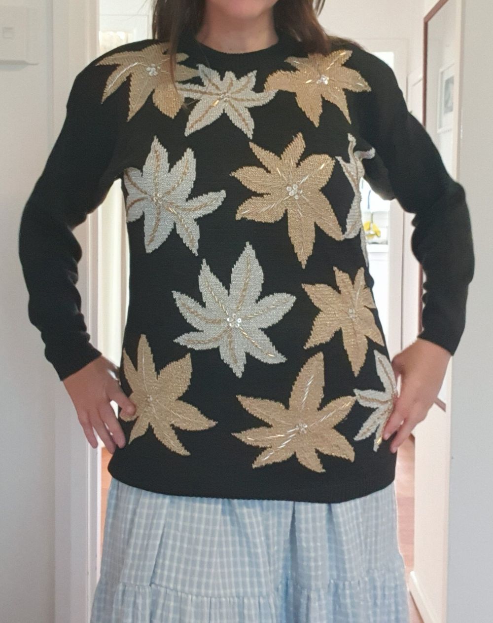 Black Cotton Knit Jumper with embroidered Flowers