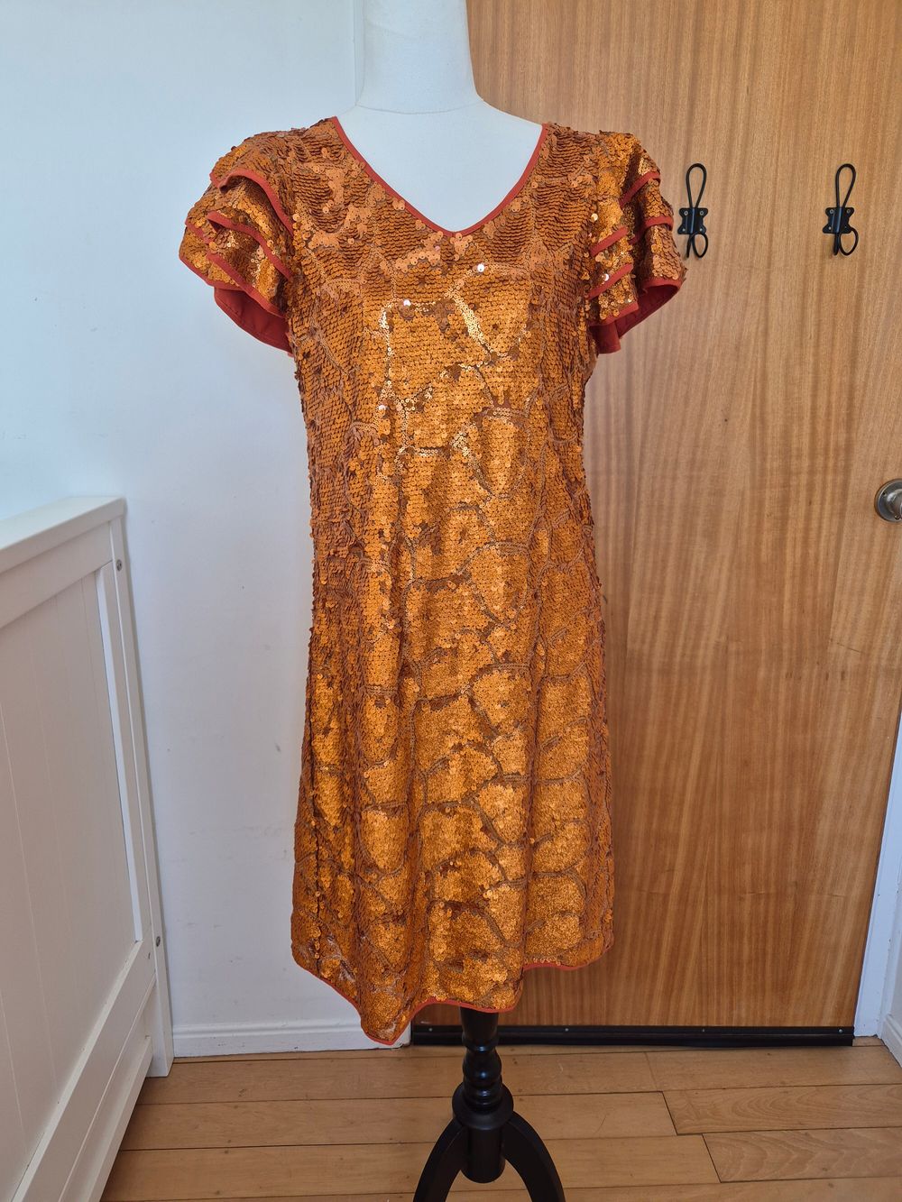 Augustine Amber/Copper Sequin Dress - Ruffle Sleeves