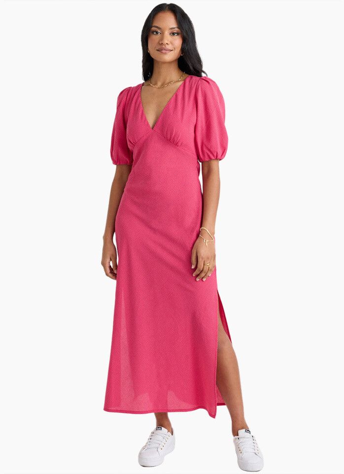 Amora Raspberry Ditzy Gingham Bias Midi