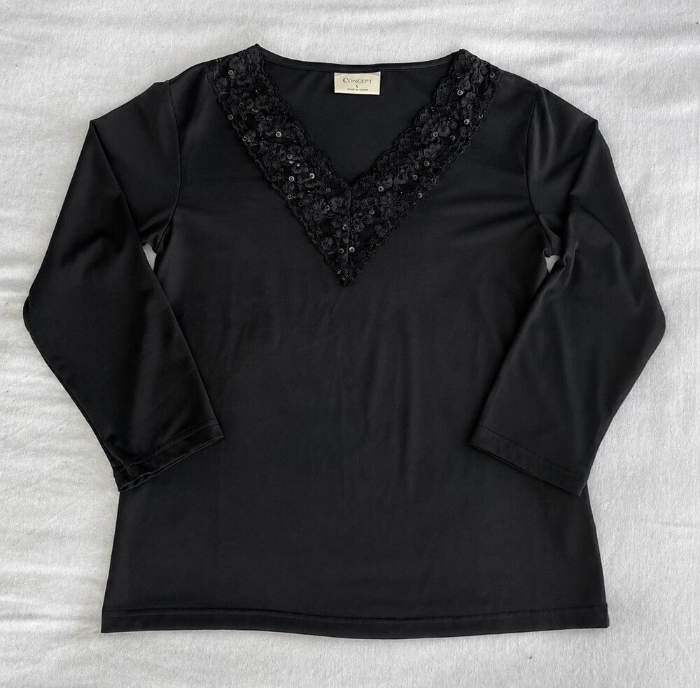 Concept Y2K Sequin/Lace Trim Long Sleeve Top