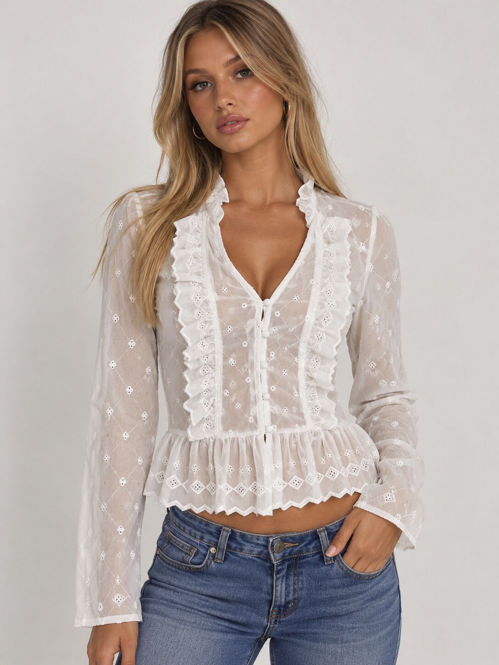 Whistle Embroidery Button Front Longsleeve Top