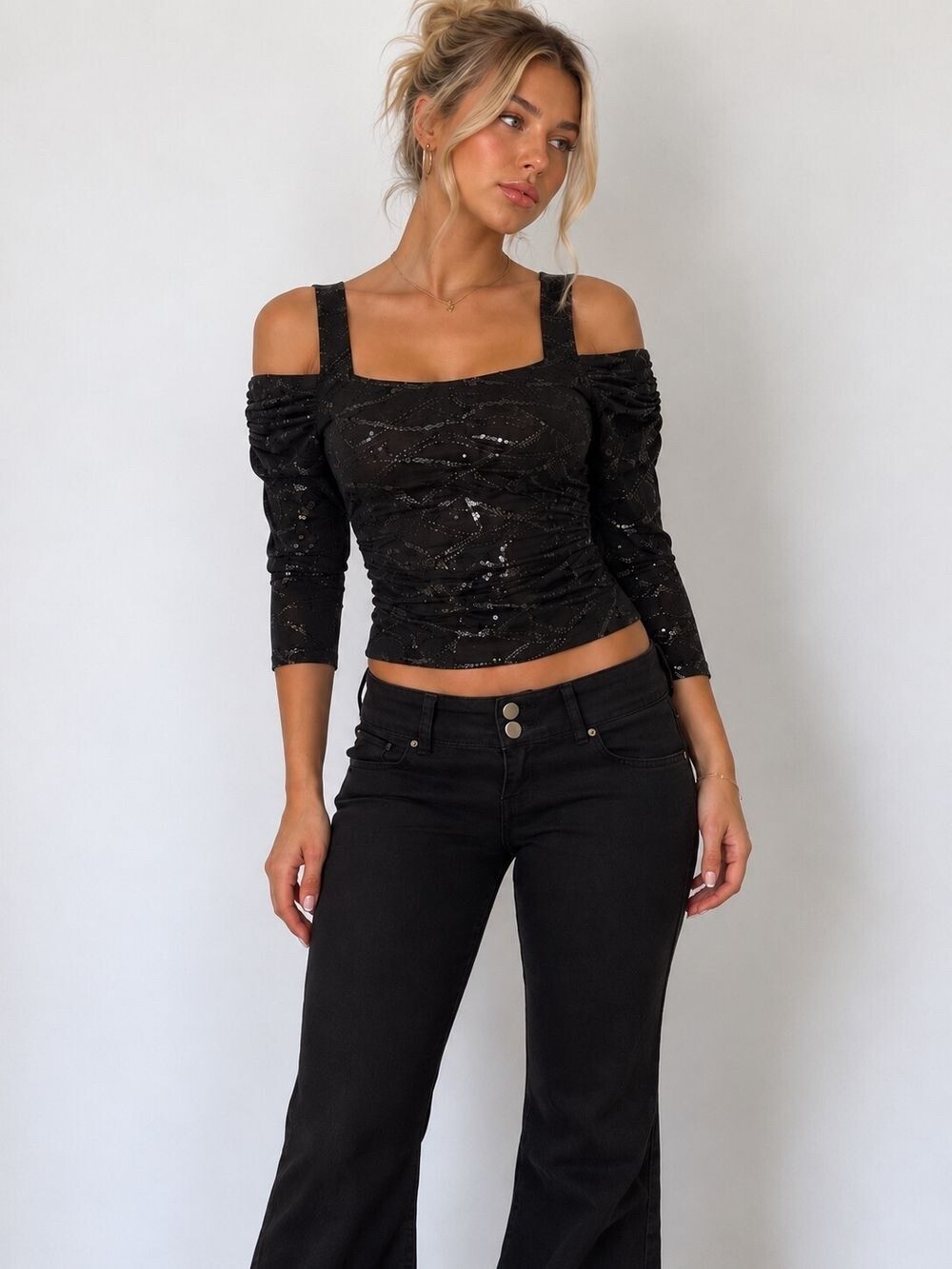 The Ascot Collection Y2K Sequin Cold-shoulder Top