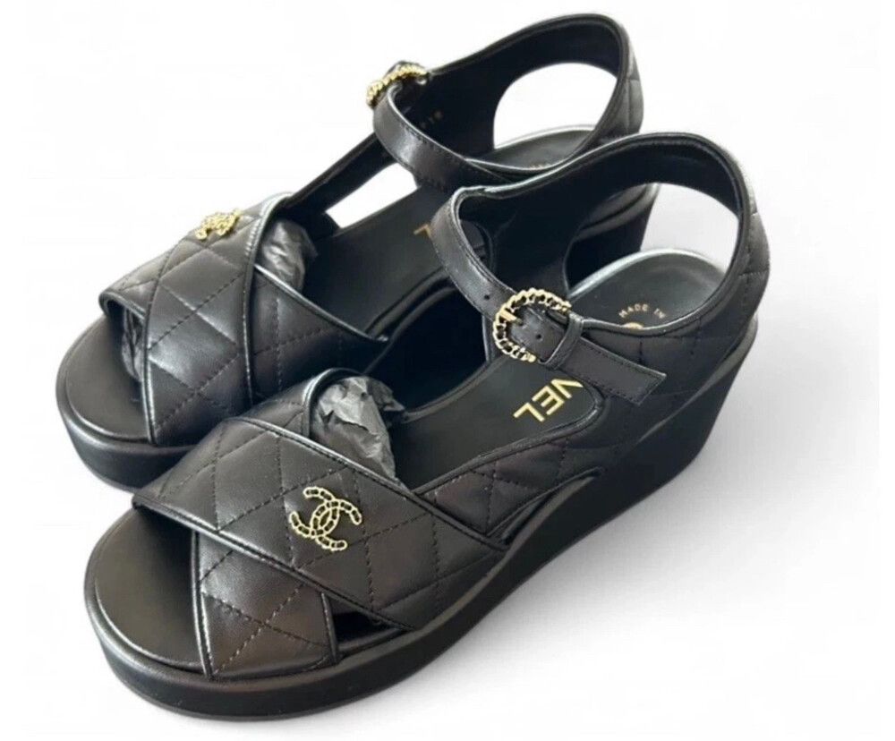 Chanel Black Quilted Wedge Sandals