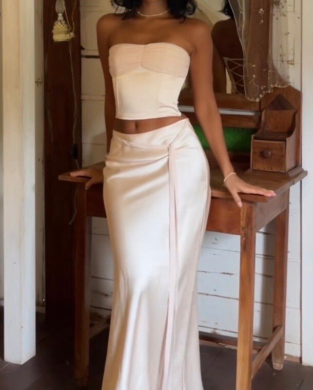 Arcina Ori Blair bustier top and bias maxi skirt set dress in ivory size S