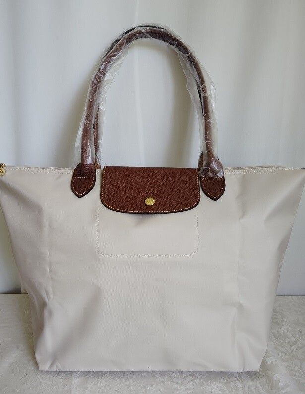 New Longchamp White Brown Leather Handles Large Size Tote bag shoulder bag