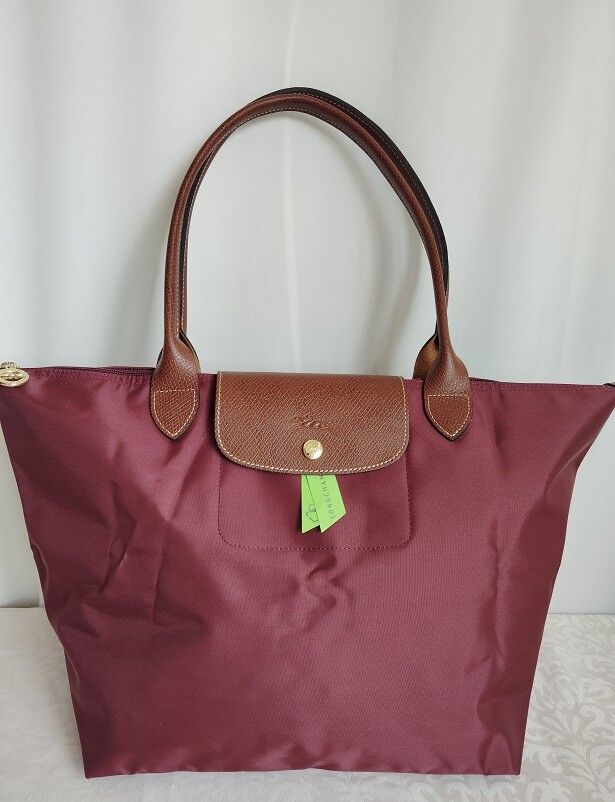 New Longchamp Le Pliage Burgundy Leather Handles Large Size Tote bag shoulder bag