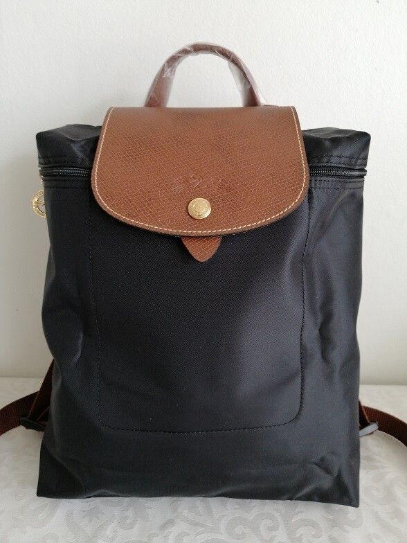 New Longchamp Le Pliage Black Brown Foldable Backpack
