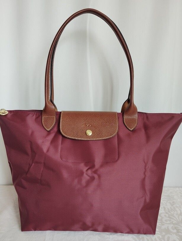 New Longchamp Le Pliage Burgundy Leather Handles Large Size Tote bag shoulder bag