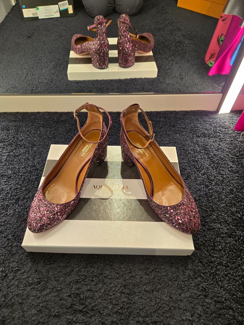 Aquazzura Pink Glitter 5cm Block Heel Pumps