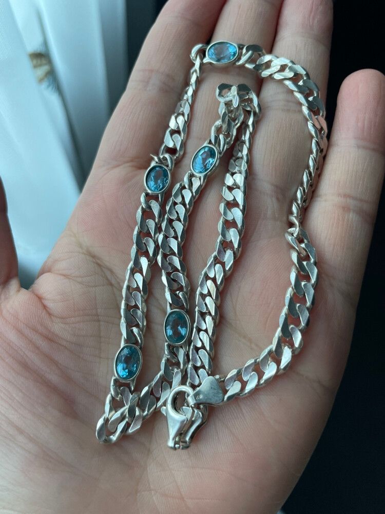 vintage silver curb chain bracelet with blue topazes