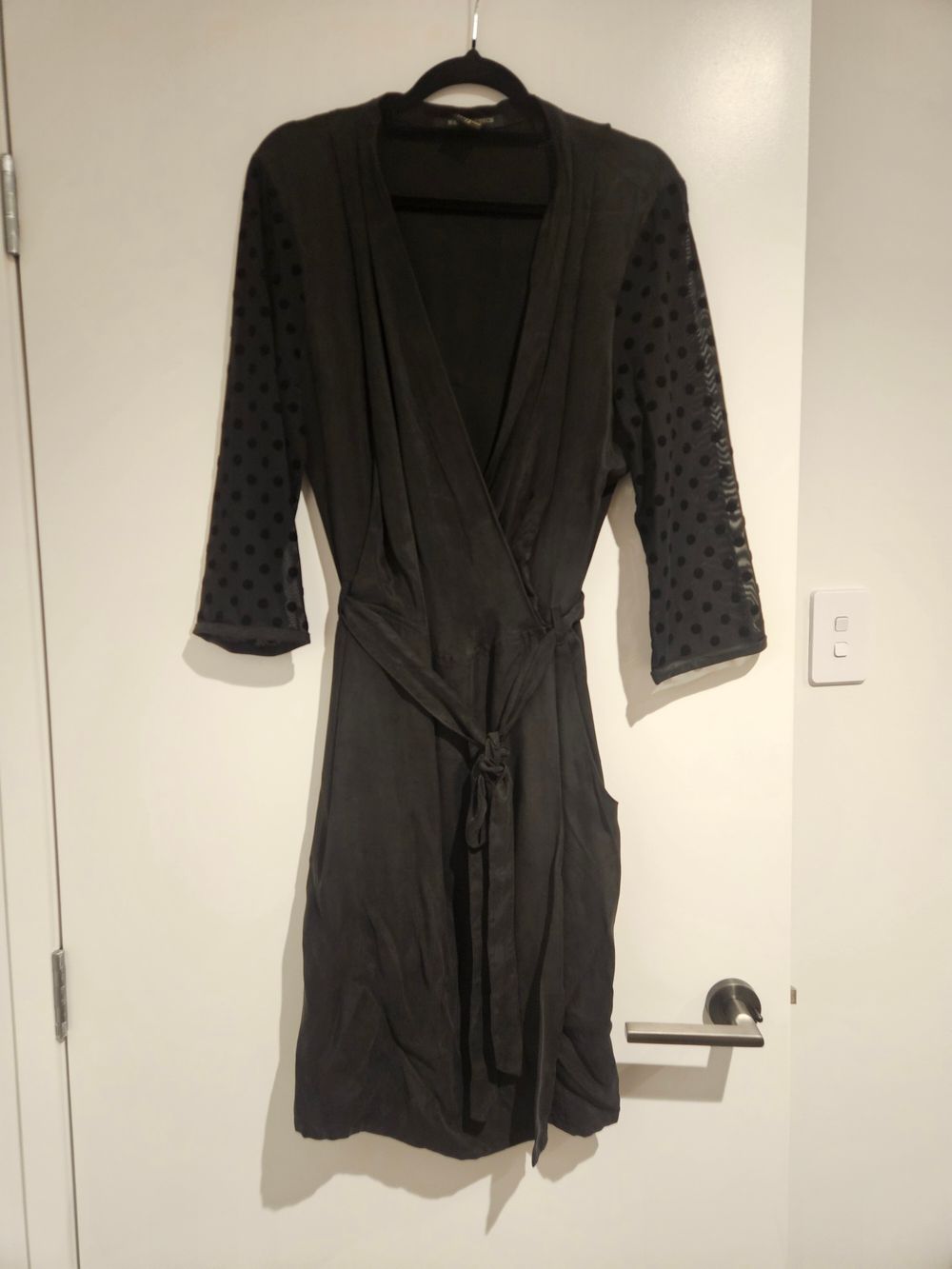 Maison Scotch (Scotch & Soda) Stardust Black Wrap Dress – Polka Dot Mesh Sleeves