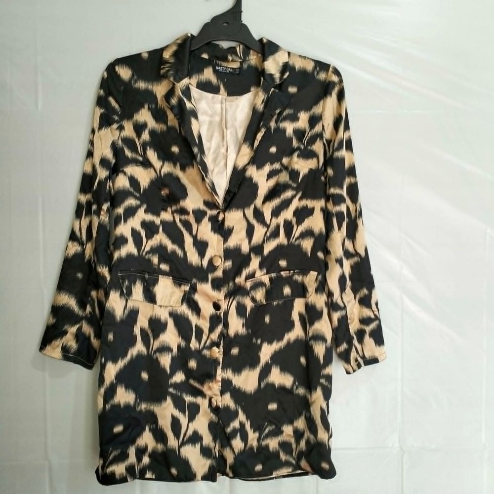 NASTY GAL Gold Black Floral Blazer Jacket 8 Longline Coat Whimsigoth Party Satin