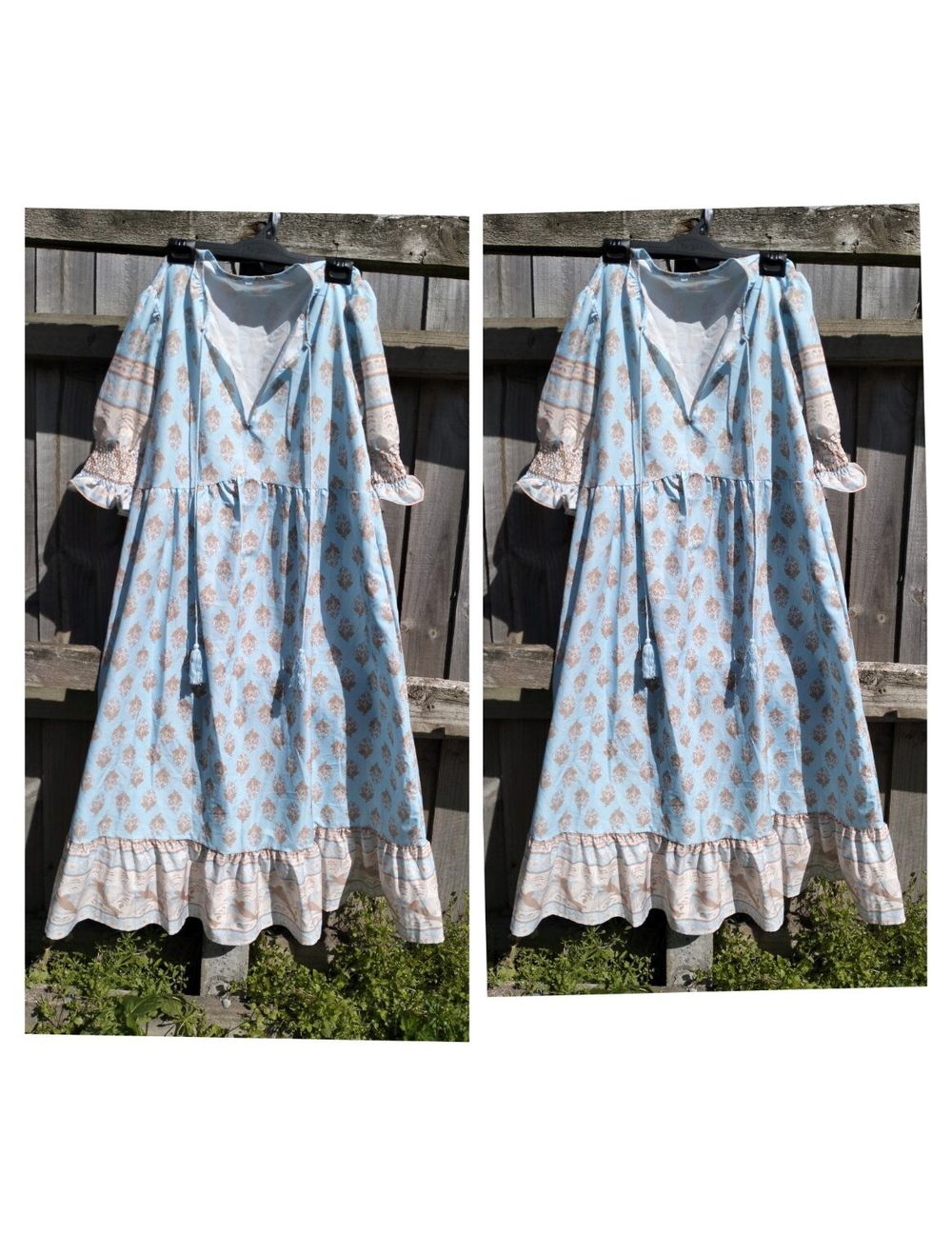 Cotton Mix Milkmaid Maxi Dress Shirred Cuff Cottagecore Pocket XL Boho Frills