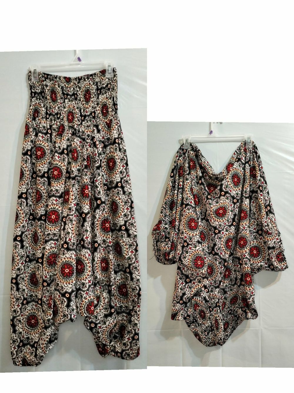 Convertible Harem Pants Multiway Boho Blouse Ruched Smocked Waist Geometric 12