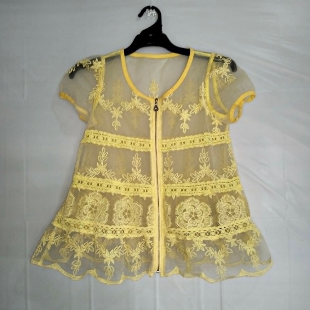 Yellow Lace Mesh Blouse Sheer Embroidery Vintage Floral Boho Kimono Diamond 8