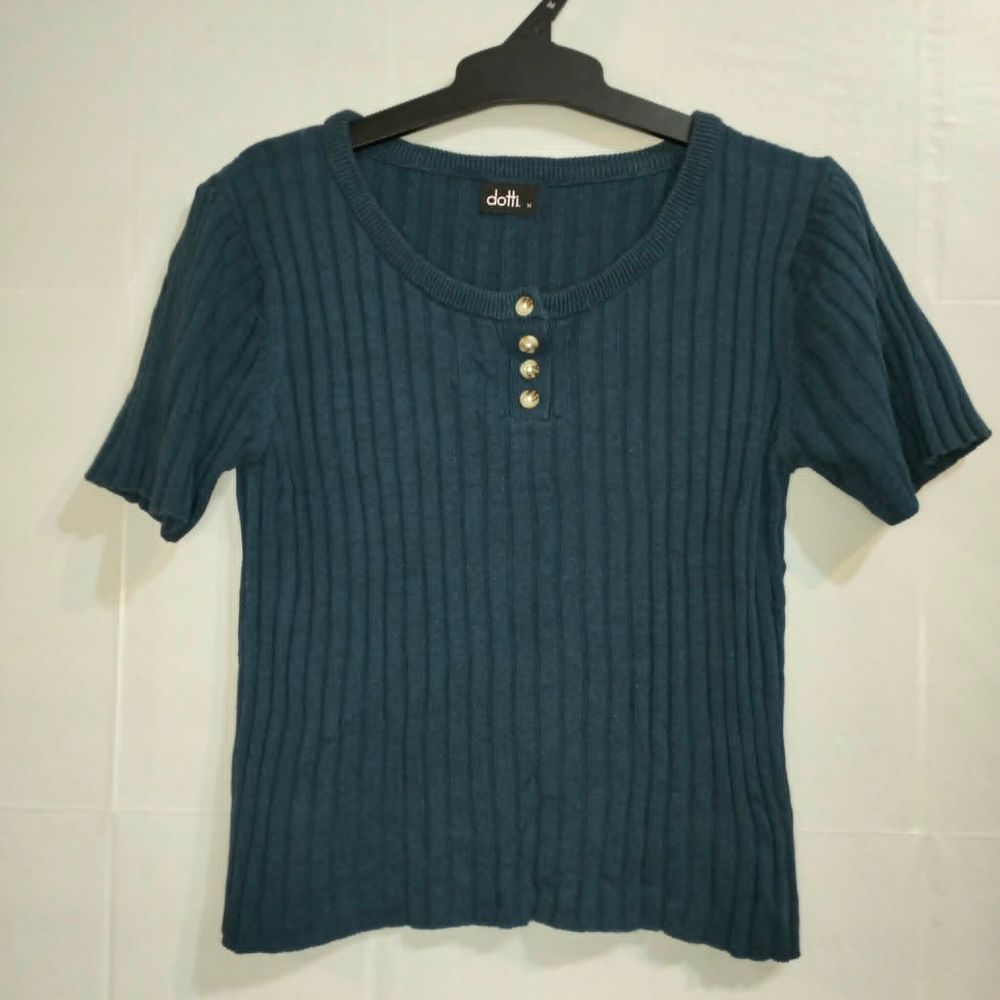 Dotti Teal Blue Ribbed Knit Top Henley Button Short Sleeve Crop Blouse Cardigan Shirt