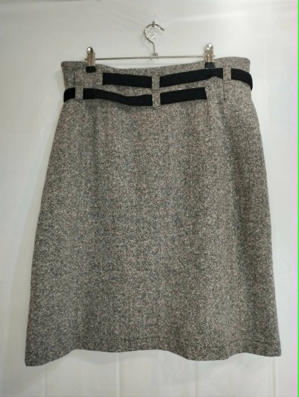 Kate Pierre Wool Tweed Belted Midi Skirt Corp Grey Black Buckle Back Zipper Textured A-Line 14 Make me a reasonable offer