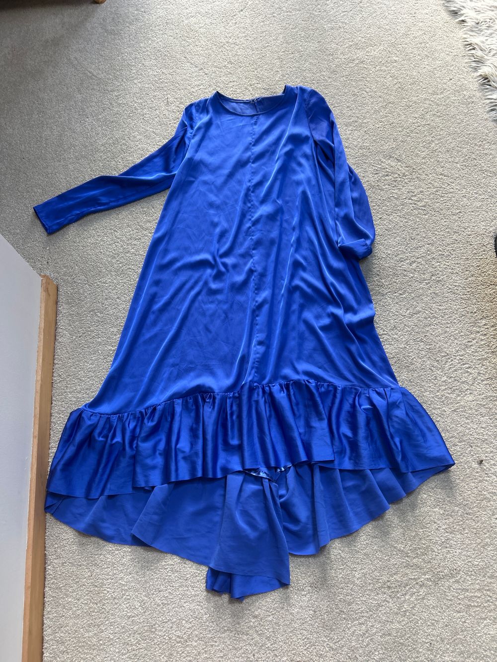 Blue Satin Long Sleeve Ruffle Hem Maxi Dress