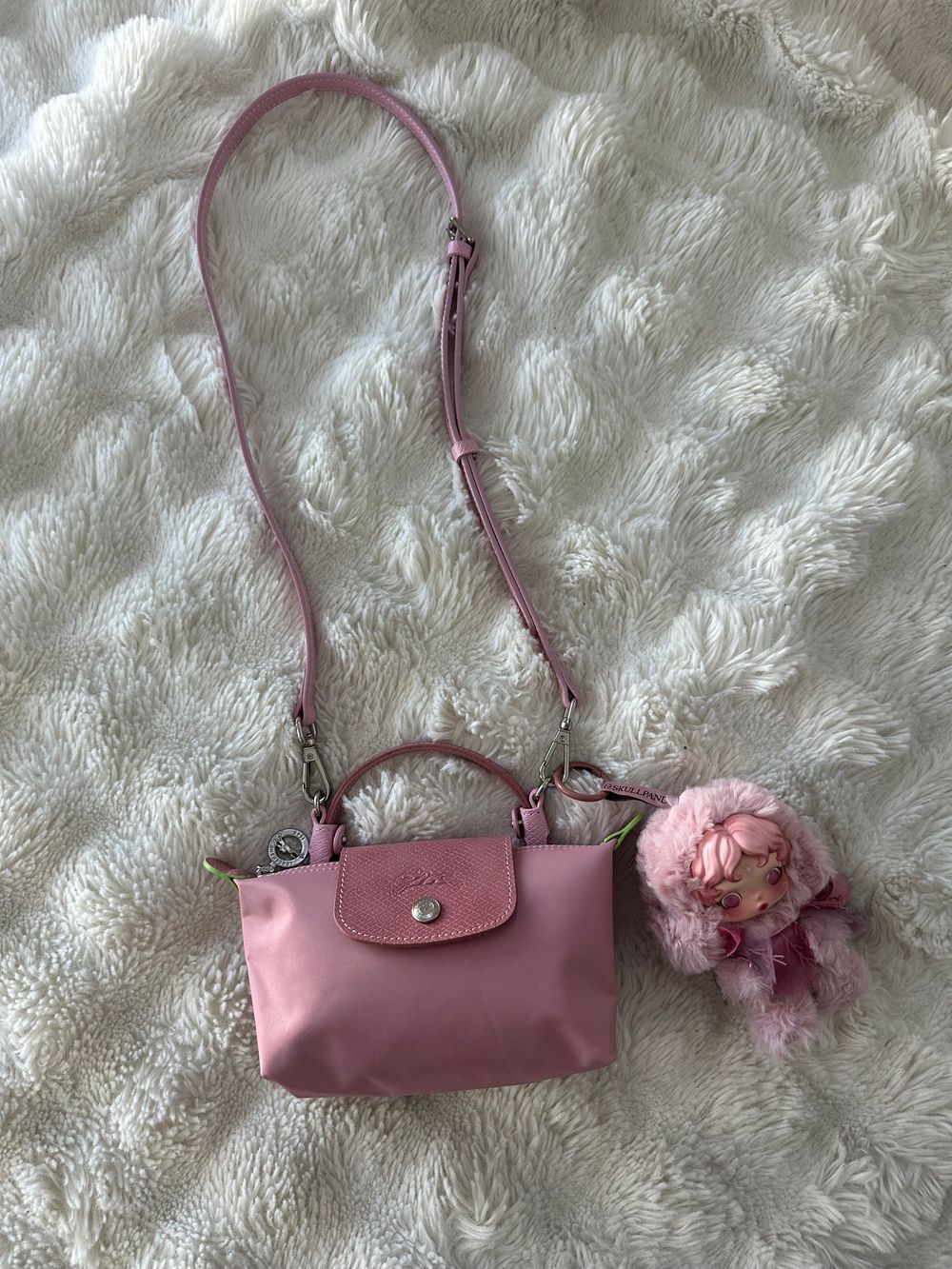 Longchamp Paris Mini Pliage nylon Sakura pink with crossbody strap