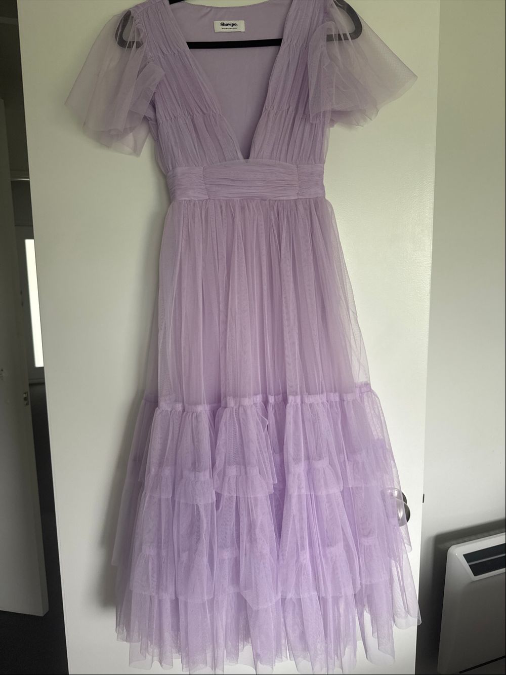 jiraye midi dress Jiraye Midi Dress - Flutter Sleeve Tuelle Plunge Dress in Lilac