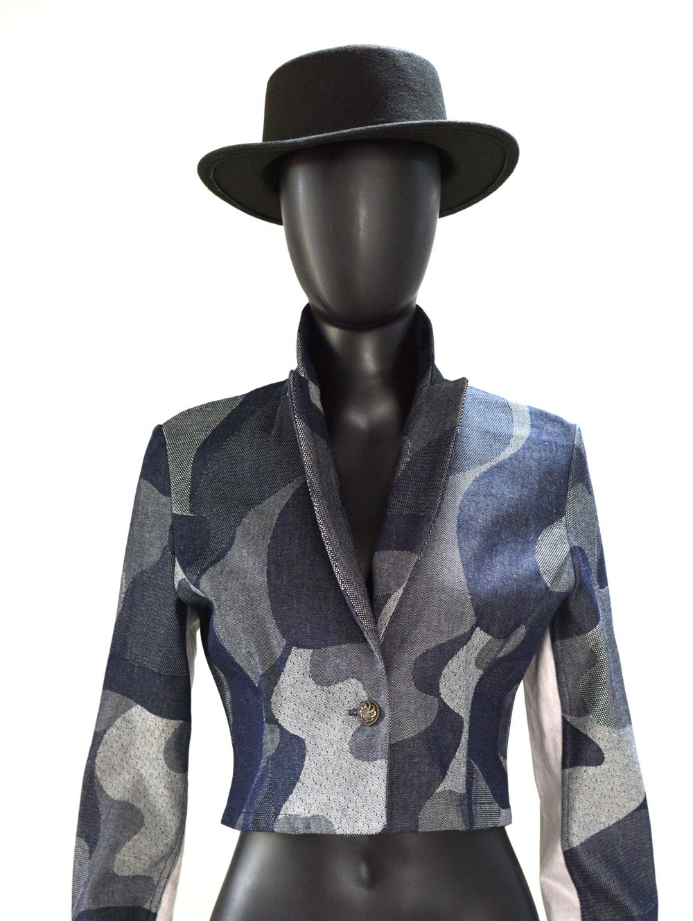 Blue And Grey Camouflage Print Cropped Jacket by Rogue Coats