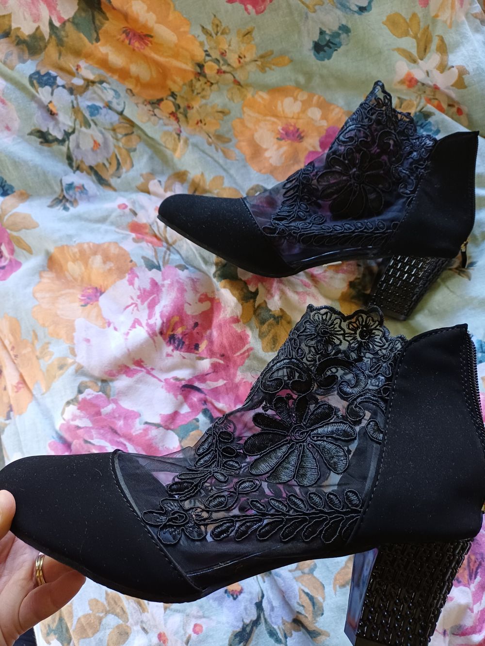 Black Lace Mesh Block Heel Boots