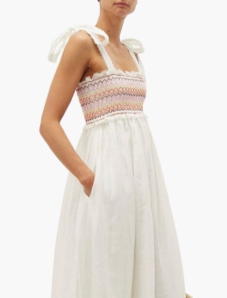 Zimmermann White Goldie Embroidered Smocked Linen Maxi Dress