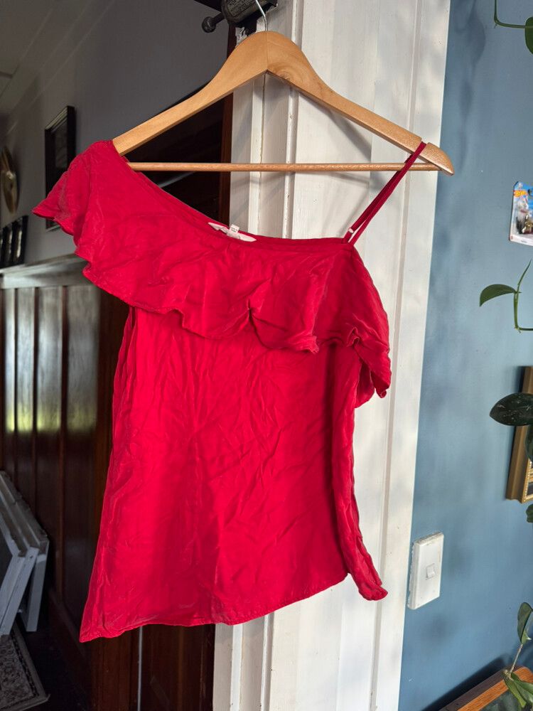 Red off the shoulder top.