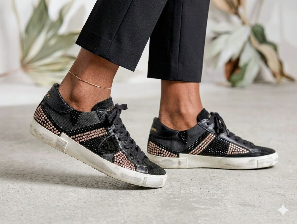 Made in Italy Leather Suede Rose gold Studded Sneakers -7.5-8