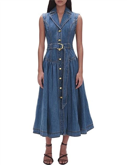 Aje - Elena Belted Denim Midi Dress on Designer Wardrobe