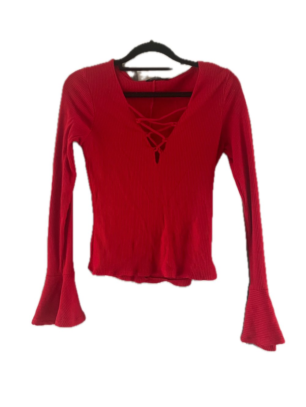 Bershka Red Ribbed Long Sleeve Top