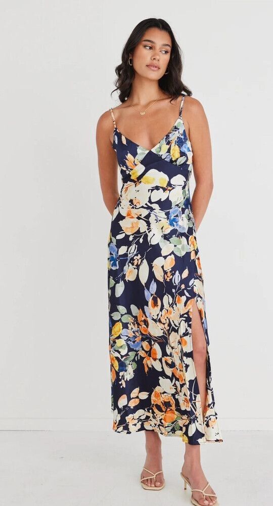 Navy Floral Print Midi Dress
