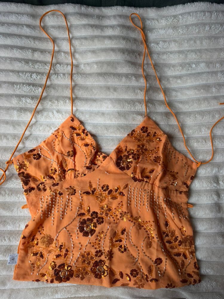 Orange Floral sequin Top
