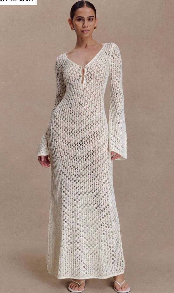 green emerald velvet dress Reve Crochet Flare Sleeve Maxi Dress in Ivory