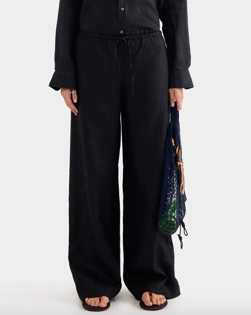 Venroy Wide Leg Linen Pant in Black