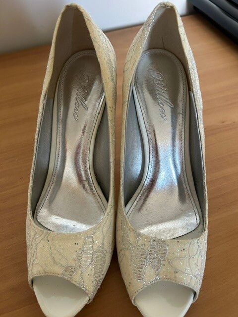 Cream and Silver Peep Toe Heels