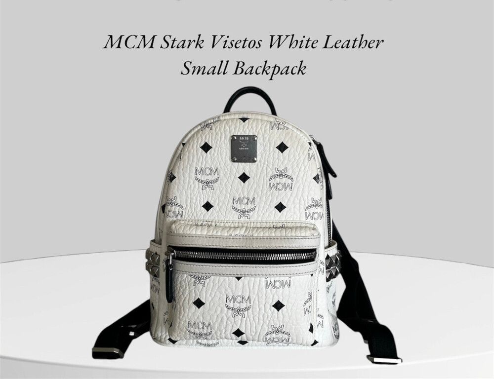 Authentic MCM Stark Visetos Studs Small Backpack | White|Cleaned and Conditioned