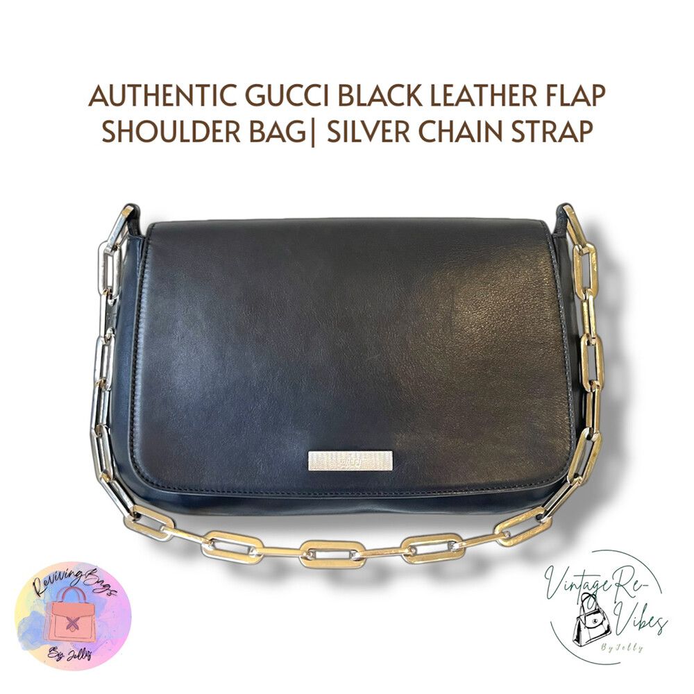 Authentic GUCCI Black Leather Small Shoulder Bag|Silver Strap |Cleaned & Condition| Pre-Owned