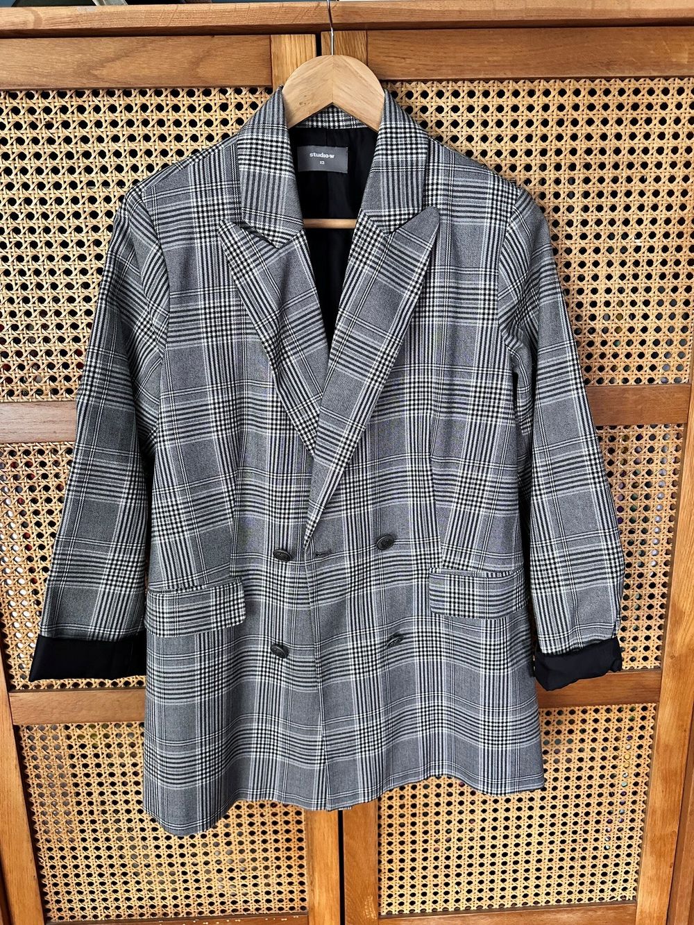 Studio W, Grey Plaid Double-Breasted Blazer, 12