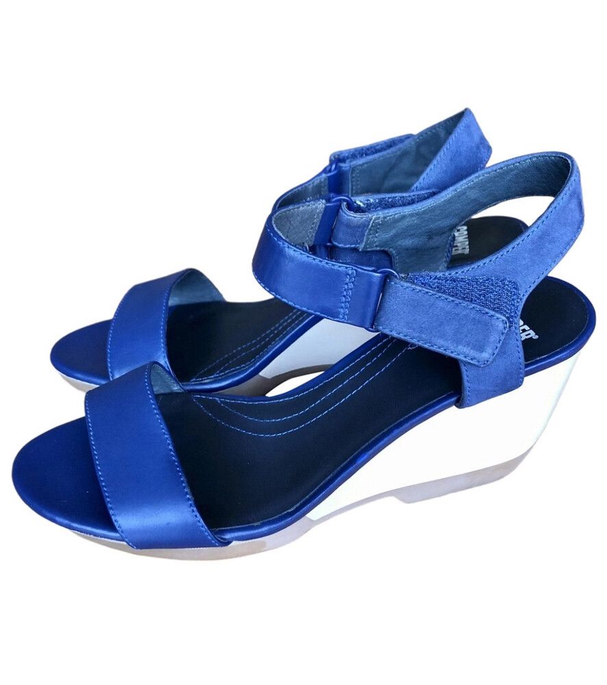 Camper Leather Blue Sandals Wood Wedge Heels 💙