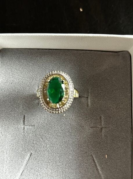 New Adjustable Real Emerald & Citrine Stone -White Gold Finish Silver Ring