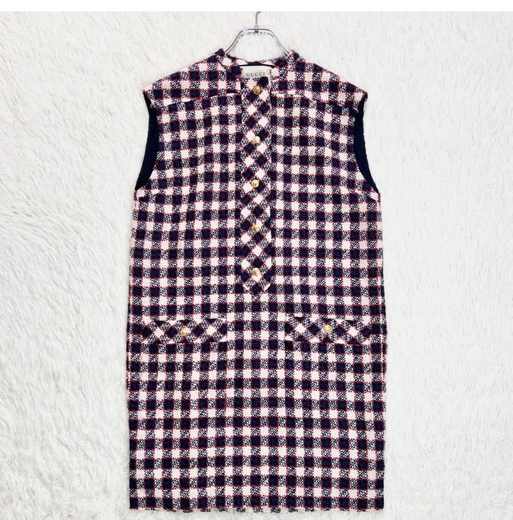 Less than purchase price AUTHENTICATED NEW TAGS GUCCI SYLVIE VICHY WOOL-BLEND DRESS RRP $5750