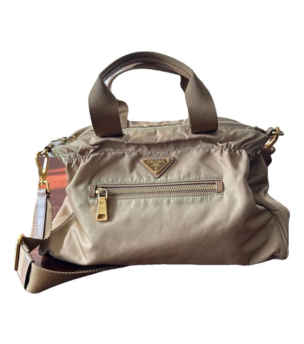 Authenticated PRADA Beige Nylon Top Handle Crossbody Bag Gold Hardware Zip Detachable Strap