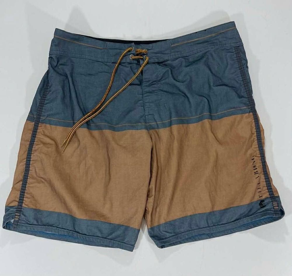 VINTAGE BILLABONG BLUE & TAN BOARD SHORTS (34)